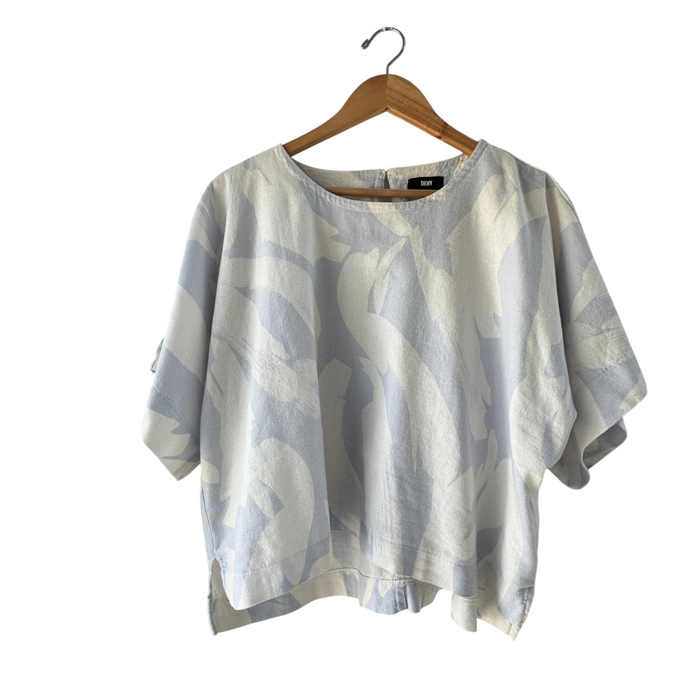 Linen Blend Short Sleeve Boxy Blouse DKNY Top Womens XL Blue White Abstract
